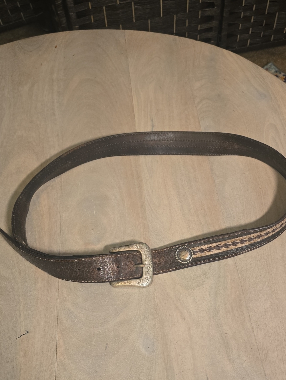 Vintage Brown Leather Western Belt Woven Fabric Inlay Concho Silver Buckle